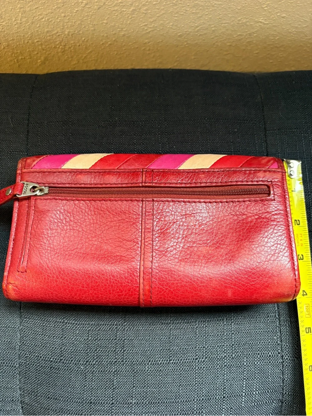 Fossil Red Leather Clutch with Pink and Cream Diagonal Stripes